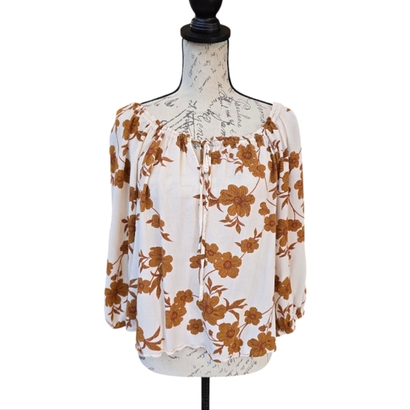 Sanctuary Tops - Sanctuary Brown White Floral Long Sleeve Boho Peasant Blouse L
